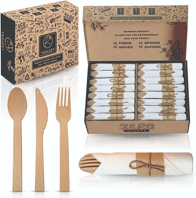 KOELHO'S Pre-Rolled Napkin and Cutlery Set 48-Pack 192 PCS | Bamboo Disposable Utensils 100% Biodegradable and Eco-Friendly | Wood Cutlery Set for Parties, Weddings, and Events