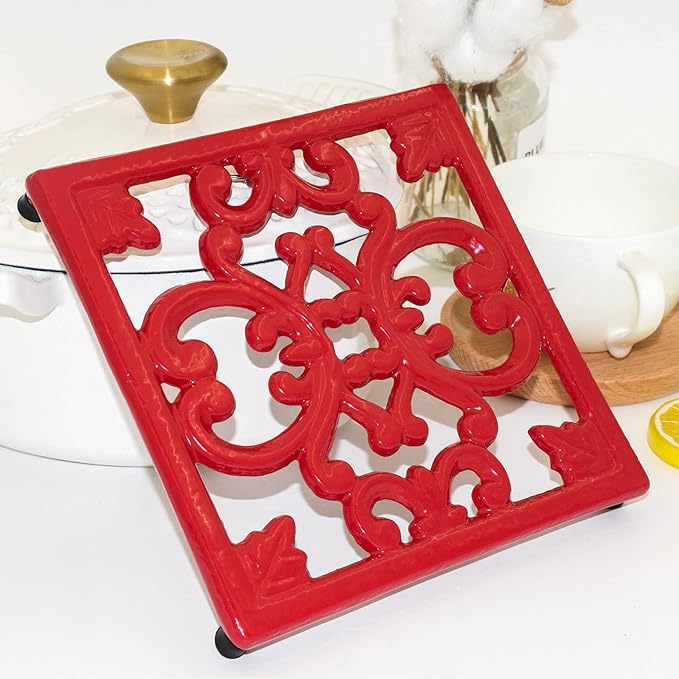 Cast Iron Metal Trivet for Hot Dishes, 7 Inches Square Vintage Iron Trivet for Hot Pots and Pans, Heat Resistant Hot Mat Pad for Kitchen Countertop, Red