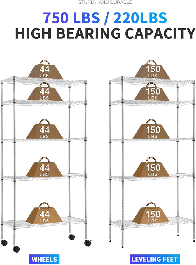 5-Shelf Adjustable Storage Shelf, Heavy Duty Storage Shelving Unit with Wheels, Standing Shelves Metal Organizer Wire Rack for Kitchen Bathroom Pantry, 30" L x 14" W x 60" H, Chrome