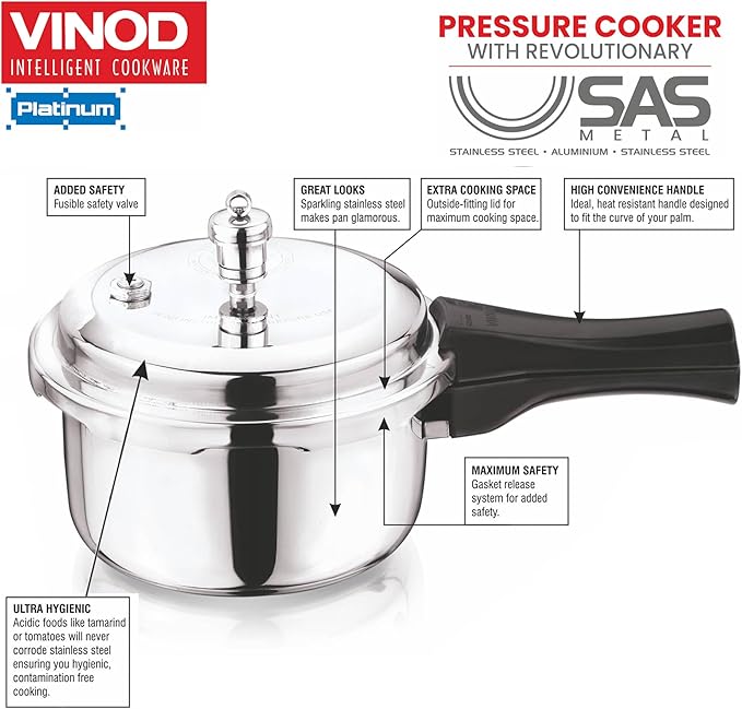Vinod Platinum Triply Stainless Steel Outer Lid Pressure Cooker102 oz Capacity - ISI Certified, Silver, Induction Friendly, Pressure Cooker for Home Cooking