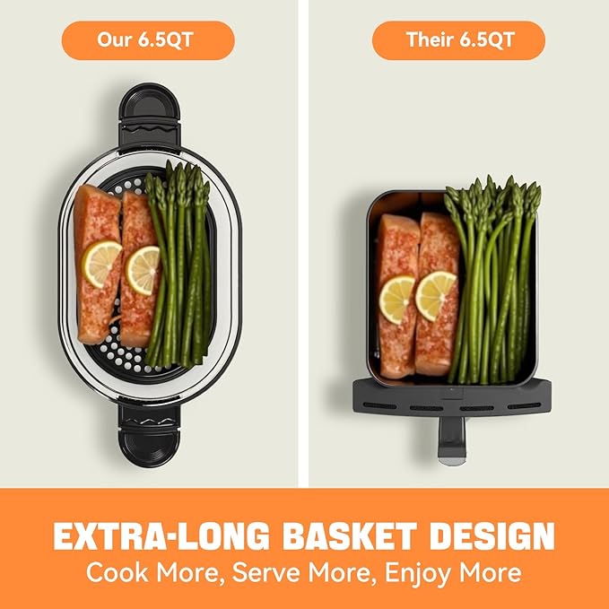 6.5QT Visible Glass Air Fryer, 8-in-1 Long Tray Design with 360° Viewing Window, Digital Touchscreen, Fries, Cake, Defrost, Chicken Wings, Dishwasher Safe, Oil-Less Oven