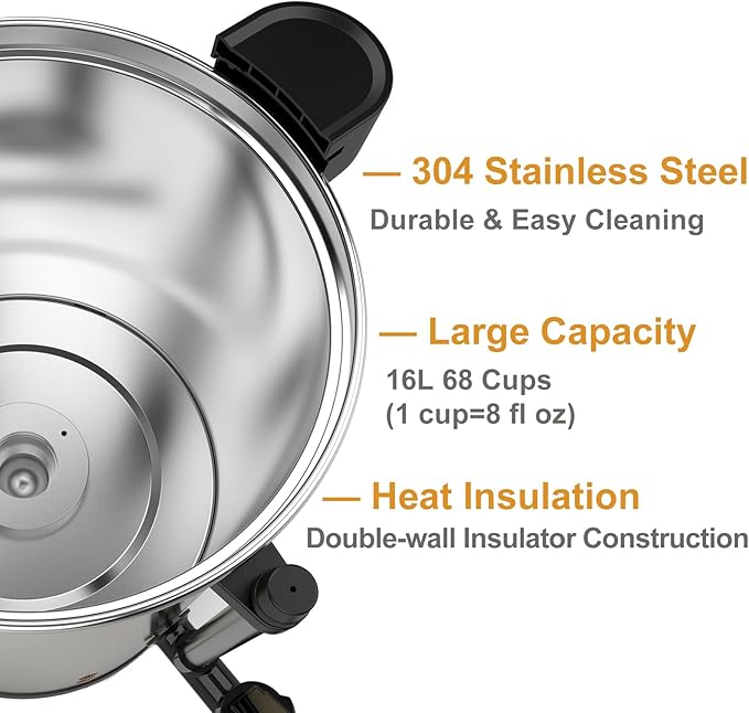 Commercial Coffee Urn, 16L Double Wall Stainless Steel, Large Coffee Maker Percolator with Keep Warm Mode, Electric Hot Water Urn Dispenserfor Parties Office Catering Events
