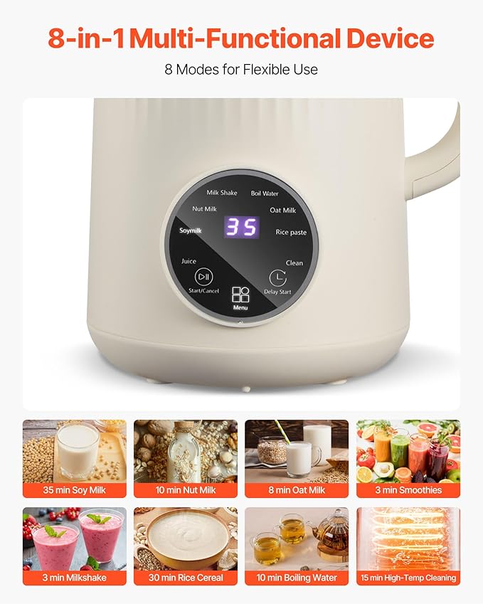 VEVOR 8-in-1 Nut Milk Maker, 41 oz Soy Milk Maker Machine with 10 Blades, for Homemade Oat, Nut, Soy, Juice, Milkshake, Rice Cereal, Plant-Based Beverages with Self-Cleaning, Boil Water, 12-Hour Delay