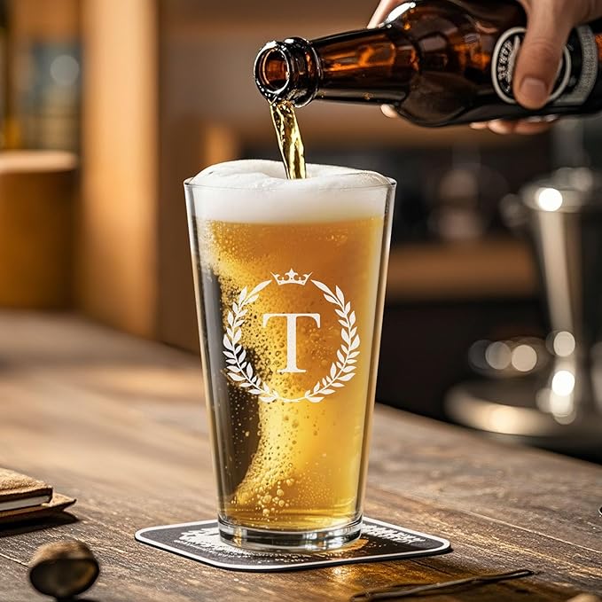 Personalized Beer Glasses Gifts for Men, 16 oz Pint Glasses Monogrammed A-Z Drinking Glass Cups Customized Gift, Unique Christmas Anniversary Birthday Gifts for Men Him Dad Brother Husband Grandpa (T)