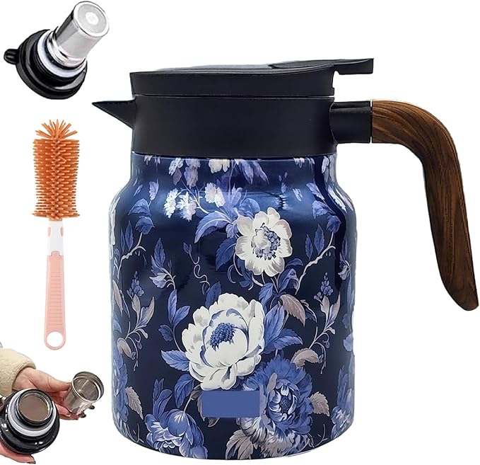 Vintage Floral Pattern Teapot – Built-In Infuser, 800ML/1000ML Heatproof Stainless Steel Teapot with Lid for Hot Drinks (Blue, 800ml-Wooden handle)