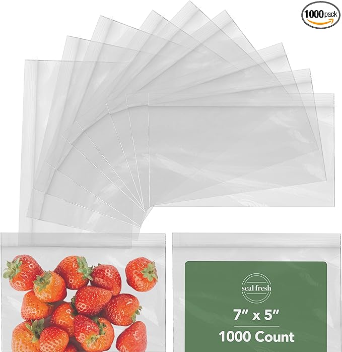 Zip Bags – 7x5 Inches (1000 Count), 2 Mil – Clear Plastic Reclosable LDPE Poly Sandwich Baggies with Resealable Lock Seal Zipper – For Snacks, Cookies, Candies, Treats, Pastries, Party
