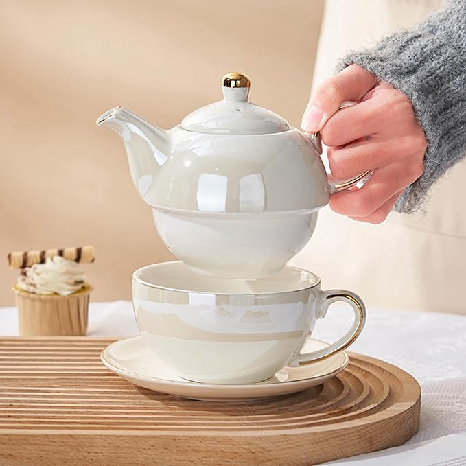 Tea for One Porcelain Teapot and Cup Set, Tea Set for One, Floral Teapot, Tea Set Gift for Women, Pearlescent white