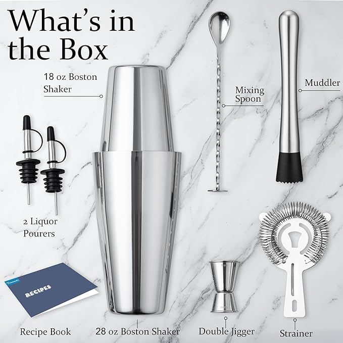 Boston Cocktail Shaker Set, 8-Piece Bartender Kit with 18oz & 28oz Shaker Strainer Muddler Jigger Mixing Spoon Pourers, Bar Accessories, Stainless Steel Martini Shaker, Bar Tools