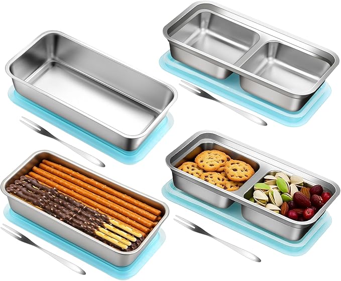 Stainless Steel Snack Containers with Lids, Reusable Bento Lunch Container Box, Food Storage, Leak Proof, Dishwasher-Safe, Grab and Go for Work, 2 Single + 2 Double Compartment