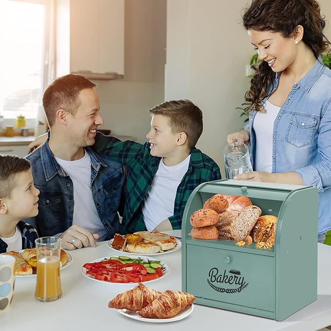 Stainless Steel Bread Box, 2 Layer Roll Top Bread Boxes, Large Capacity Food Storage Container for Kitchen Counter, Metal Bread Bin, Bread Holder for Countertop 11.8" x 9.6" x 12.8" (Green)