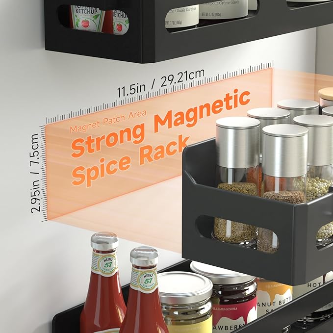 4 Pack Magnetic Spice Rack for Refrigerator, Spice Rack Organizer, Moveable Magnetic Shelf Fridge Organizer with 4 Hooks for Kitchen and Oven Organization, Black