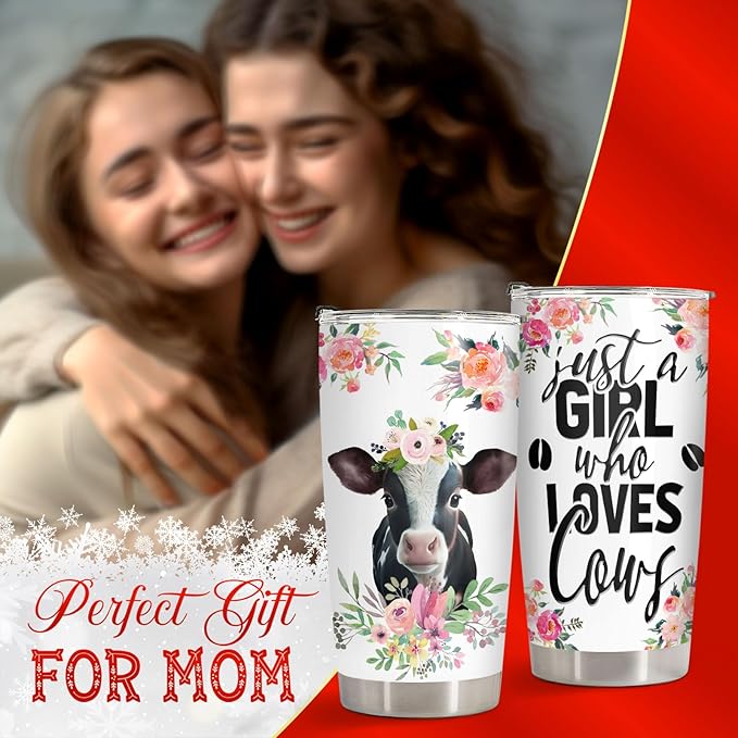 34HD Just A Girl Who Loves Cow Tumbler with Lid, 20 oz Stainless Steel Farm Animal Drinking Cup, Cow Gifts for Women on Birthday, Christmas, Mothers Day, Annivesary