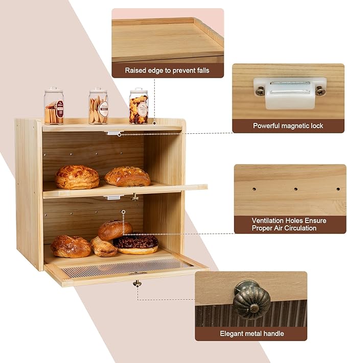 Bread Box for Kitchen Countertop Wooden Bread Storage Container Bin 2 Layer Corner Breadbox Large Capacity, Vintage Farmhouse Food Organizer Pantry Shelf with Window Natural Pine Wood