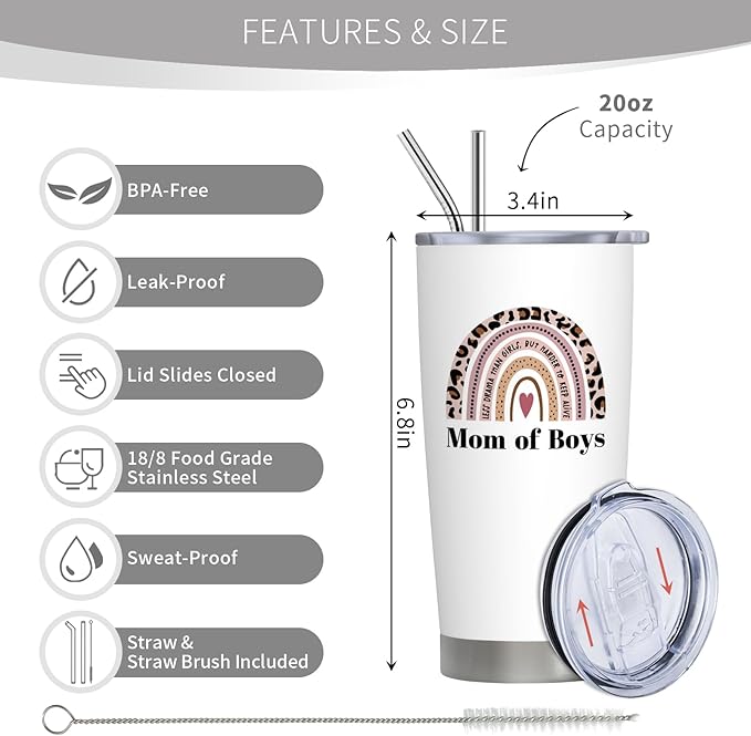 Boy Mom Christmas Gifts 20oz Stainless Steel Tumbler, Boy Mom Mothers Day Gift, Boys Moms Gifts for Women, Gift for New Moms of Baby Boys