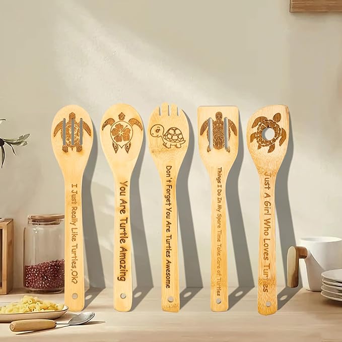 5PCS Turtle Wooden Cooking Spoons Sea Turtle Gifts Turtle Decor Turtle Gifts for Women Turtle Kitchen Decor Gifts for Turtle Lovers Housewarming Wedding Cooking Bamboo Cooking Spoons for Everyday Use