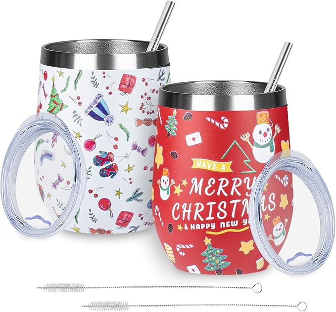 12oz Christmas Wine Tumbler with Lid and Straw,Stainless Steel Insulated Stemless Wine Tumbler Double Wall Vacuum Wine Cups Tumbler Christmas Gifts for Women Men(Xmas Elements,2)