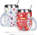 12oz Christmas Wine Tumbler with Lid and Straw,Stainless Steel Insulated Stemless Wine Tumbler Double Wall Vacuum Wine Cups Tumbler Christmas Gifts for Women Men(Xmas Elements,2)