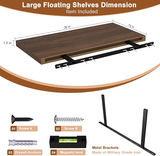 12 Inch Deep Floating Shelves for Wall 2 Pack Floating Shelfs Large Storage Space Wall Decor Display Shelf for Bathroom Living Room Bedroom Kitchen 36" W x 12" D x 1.2" H Walnut