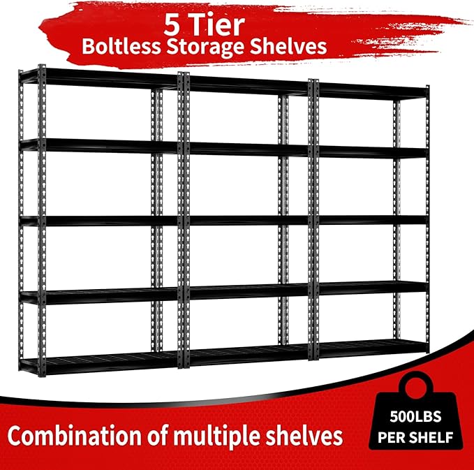 The Atlas 30" W x 12" D x 60" H Adjustable Garage Storage Shelves Load 2500 lbs, 5 Tier Heavy Duty Shelving Unit, Metal Utility Storage Rack for Warehouse Pantry Basement Kitchen, Black