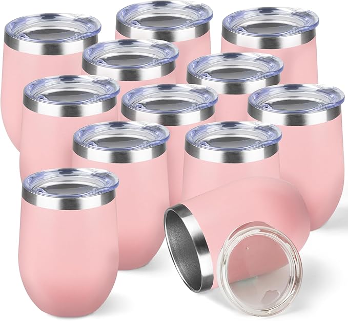 StarSpeed 12oz/12 Pack Wine Tumbler with lid, Stainless Steel Travel Mugs Stemless Double Wall Insulated Coffee Cup, Insulated Wine Glasses Travel Tumbler for Cold & Hot Drinks(Light Pink, 12)