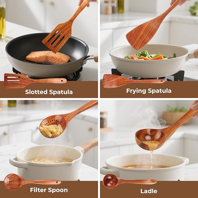Natural Teak Wood Cooking Utensils Set - 4pcs Wooden Spoons for Cooking with Ladle, Spatula, and Slotted Spoon, Premium Kitchen Tools for Chefs