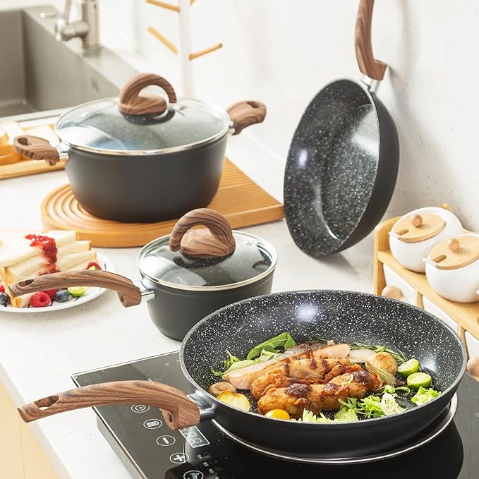 Pots and Pans Set Non Stick, Ceramic Cookware Set with Granite Pattern Kitchen Cooking Sets Induction Pot and Pan w/Frying Pans, Saucepans, Casserole, Non-Toxic, PTFE/PFOA/PFOS-Free, Black