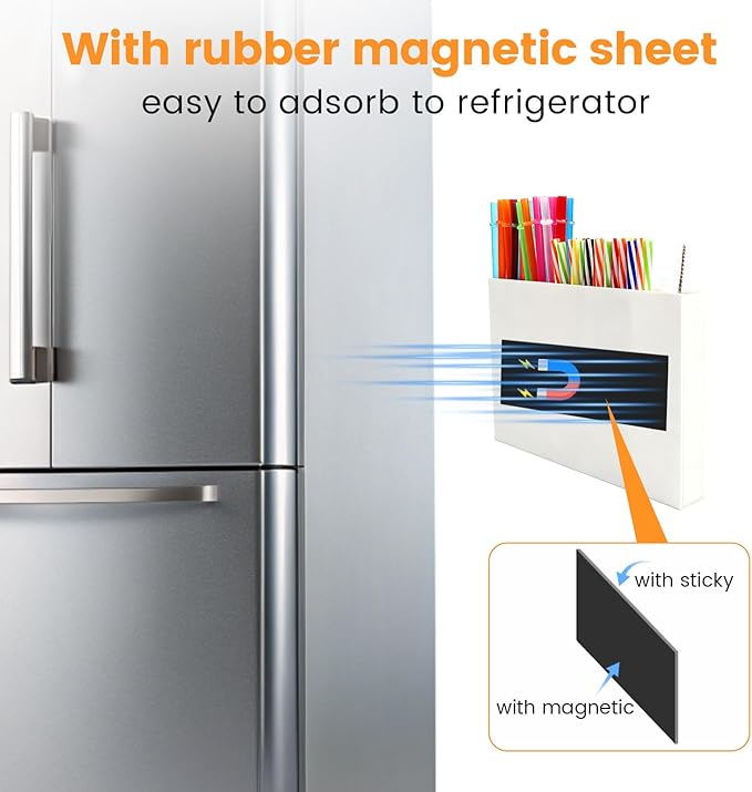 Acrylic Straw Holder, Straw Organizer Dispenser with Two Pieces Rubber Magnet Sheets, Drinking Straw Storage Holder for Cabinet Door Fridge Counter Kitchen Office(White)