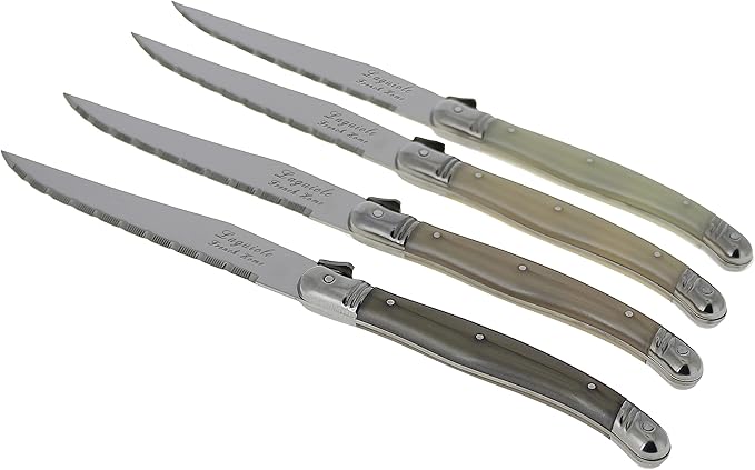 French Home Laguiole 4-Piece Steak Knife Set – Sophisticated Stainless Steel Dinner Knives with Handles of Neutral Tones & Iconic Bee Emblem – Serrated Knives for Smooth Cutting (9.25")