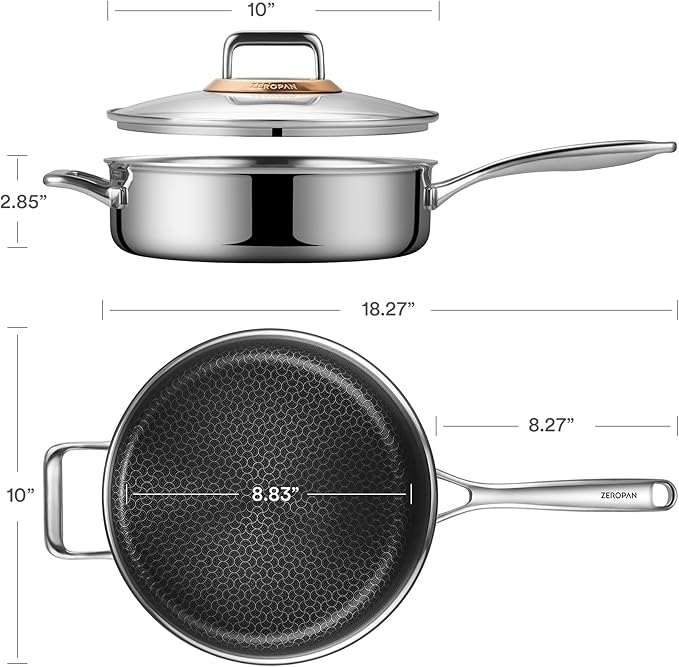Hybrid Nonstick 3.5-Quart Sauté Pan,Frying Pans Nonstick with Lid,PFAS PFOA PTFE Free,Stay-Cool Handle,10 Inch Deep Frying Pan,Dishwasher-Friendly, Oven Safe, Compatible with All Cooktops
