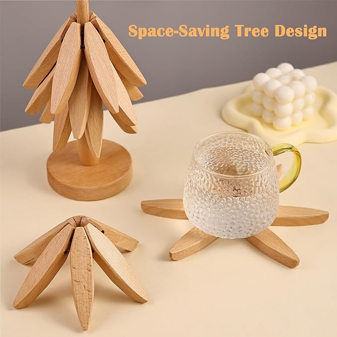 Wooden Tree Trivets for Hot Dishes, Artisanal Wood Coasters Trivet Set, Wooden Tree Trivet Set of 3 Natural Trivets+1 Stand