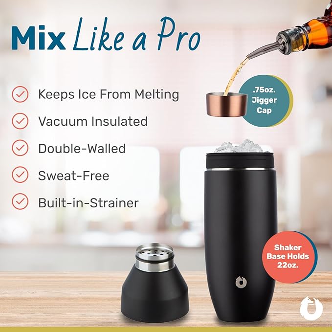 SNOWFOX Premium Vacuum Insulated Stainless Steel Cocktail Shaker, Home Bar Accessories, Elegant Drink Mixer, Leak, Proof Lid With Jigger & Built, In Strainer, 22oz.