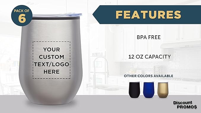Custom Stemless Wine Tumblers 12 oz. Set of 6, Personalized Bulk Pack - Insulated, Perfect for Wine, Cocktails, Other Hot & Cold Beverages - Silver