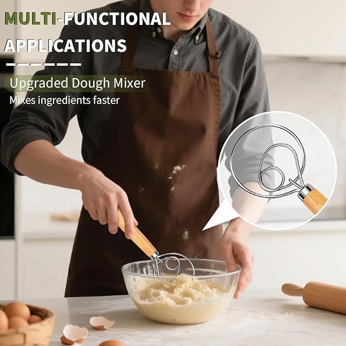 Hand Whisk Stainless Steel Dough Hook Dutch Whisk for Sourdough Bread Dough Mixer Hand Wooden Handle Kitchen Whisking Mixing Tool Bread Making Tools (1 eye)