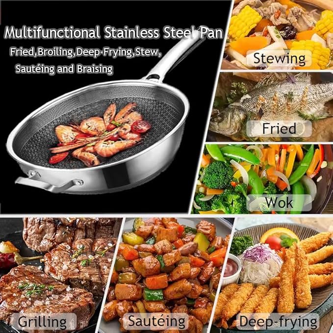 Wok Pan,Hybrid Nonstick 12 Inch Wok with Lid,Induction Non Stick Stainless Steel Large Deep Woks&Stir-Fry Pans,Frying Pan,Stay-Cool Handle Skillets,PFOA Free,12 Inch Wok