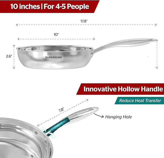 Sunhouse – 10 Inch / 26 cm Stainless Steel Frying Pan, Tri-Ply Stainless Steel Construction, PFOA-FREE, Stay-Cool Handle, Induction Compatible with All Cooktops, Dishwasher Safe