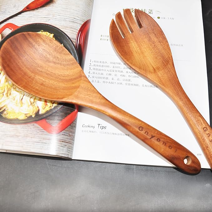 12 Pcs Wooden Spoons for Cooking with Holder, Kitchen Utensils Set Utensils Wooden Spatulas for Cooking