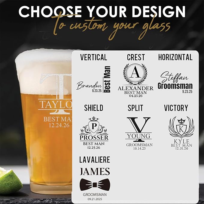 Personalized Groomsmen Beer Pint - 16oz Best Man Beer Glass - Custom Etched Drink Glassware, Engraved Gifts for Wedding Favors, Best Man Proposal Gifts, Bachelor Party