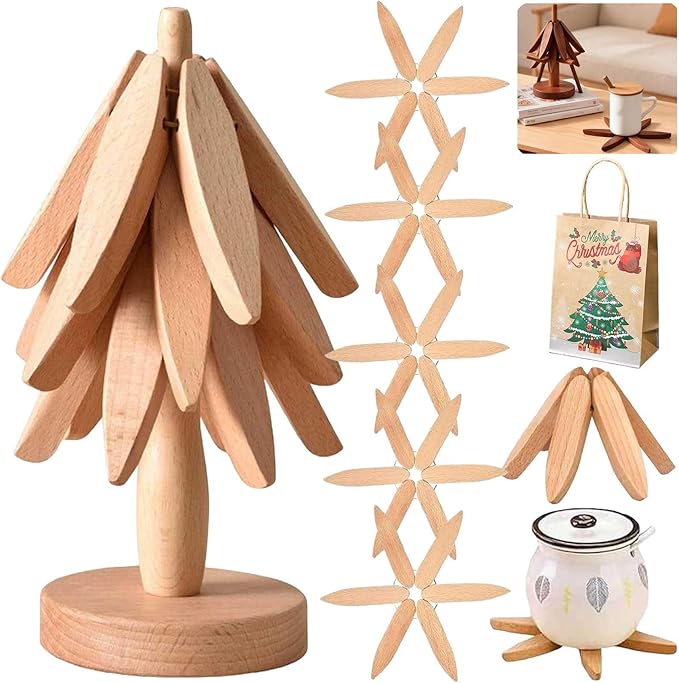 Natural Tree Trivet Set 4 Wooden Trivets and 1 Stand Like a Christmas Tree Wooden Hot Pads Heat Resistant Trivets for Kitchen Table Decor (Log-5 Piece)
