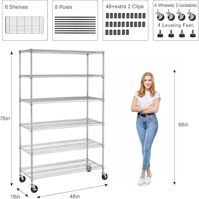 6-Shelf Storage Shelves Wire Shelving Unit with Wheels, 6000lbs Heavy Duty Metal Garage Shelving Storage Rack Adjustable NSF Shelf for Commercial Rolling Utility，(48"x18"x76", Chrome)