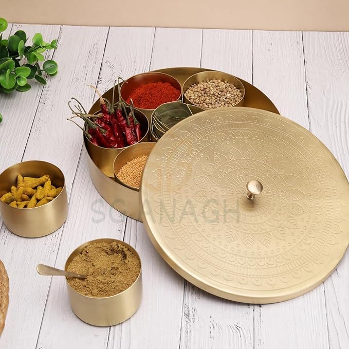 Brass Round Spice Box Masala Dabba-Spice Box Set With Spoon Container 90 ML Indian Masaladanni for Kitchen Counter With Spoon (Mandala, 9 Inch (Large Family))