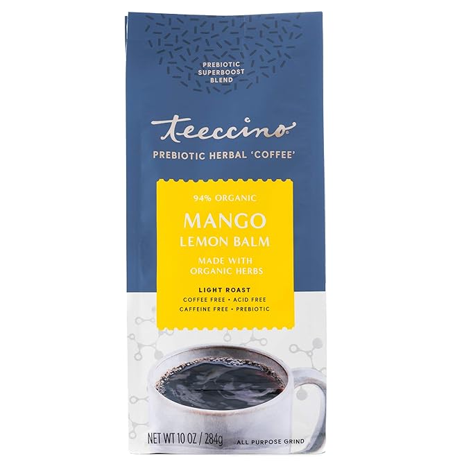 Teeccino Mango Lemon Balm - Prebiotic Superboost™ Herbal Blend - Steep Like Loose Leaf Tea or Brew Like Coffee – Support Probiotics 3 Vegan Prebiotics for Gut Health & Good Mood, 10 Ounce