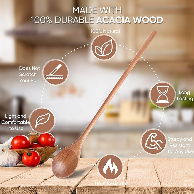 4 Pcs Acacia Wooden Spoons for Cooking Mixing Wooden Utensils Cooking Spoon 8, 10, 12, 14 Inch for Kitchen Salad Mixing Tasting Baking Stirring Serving Food No Scratch Nonstick Cookware
