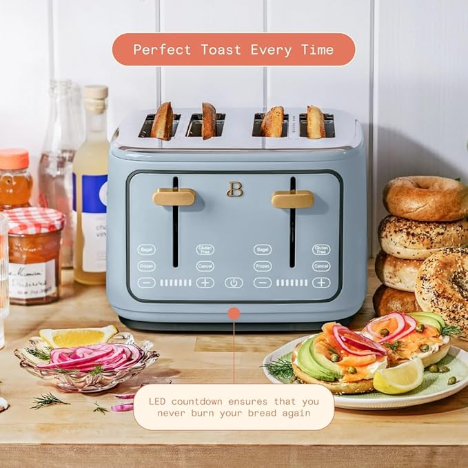 Beautiful 4-Slice Toaster by Drew Barrymore – Touch Display, Extra-Wide Slots, Bagel & Frozen Functions, Stainless Steel (Cornflower Blue)