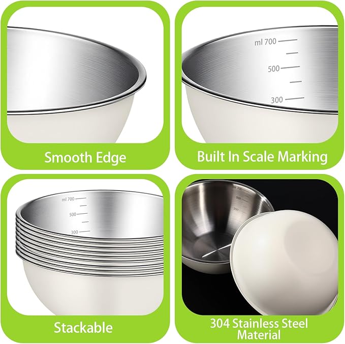 12 Pcs 0.74qt Stainless Steel Mixing Bowls Nesting Metal Prep Salad Bowls with Scale Reusable Baking Cooking Food Soup Storage Organizers for Kitchen Refrigerator