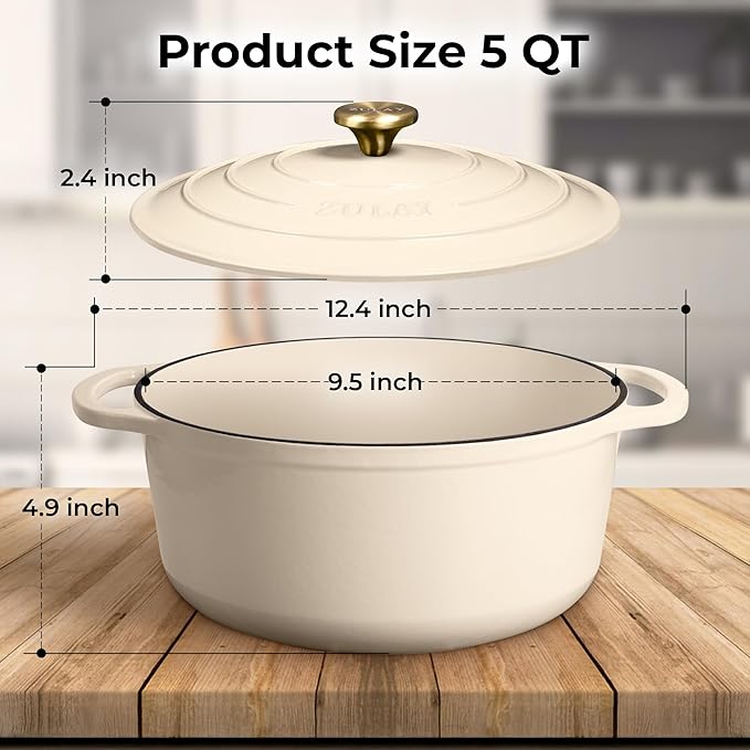 Zulay Kitchen 5 Quart Enameled Cast Iron Dutch Oven Pot with Lid – Premium Durability & Oven Safe up to 500°F – Heavy Duty Cookware Perfect for Bread Baking, Stews, Braising & Roasting – Ivory