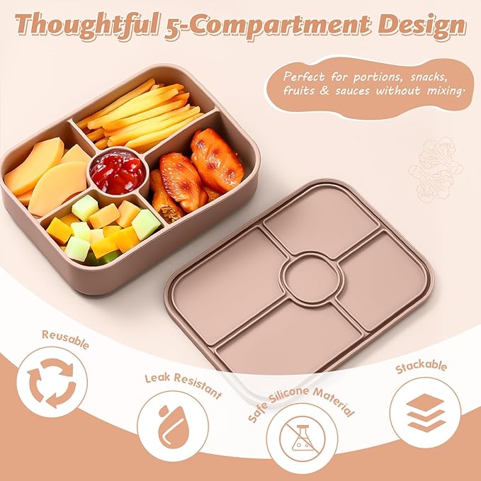 4 Pack Silicone Bento Boxes for Adults, 5 Compartment Reusable Lunch Containers with Sauce Section, Leakproof Meal Prep Snack Box Microwave & Dishwasher Safe for Work School Office(Khaki)