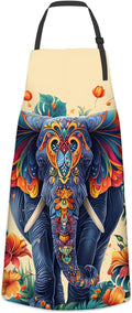 Exotic Elephant Apron for Women, Cooking BBQ Chef Polyester Lightweight Vibrant Tropical Flowers Aprons with Pockets for Baking Kitchen Gardening Cleaning, Adjustable Neck Strap, 28×33inch