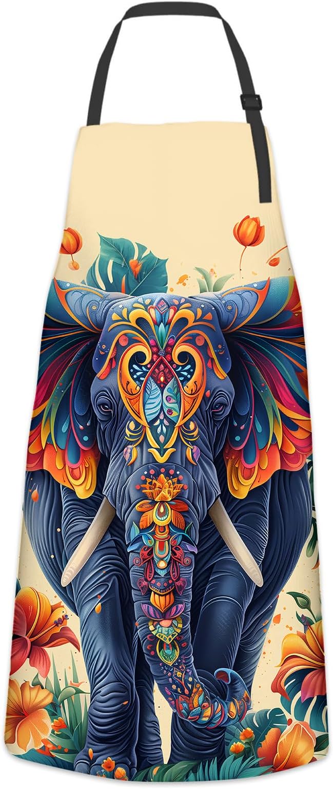 Exotic Elephant Apron for Women, Cooking BBQ Chef Polyester Lightweight Vibrant Tropical Flowers Aprons with Pockets for Baking Kitchen Gardening Cleaning, Adjustable Neck Strap, 28×33inch
