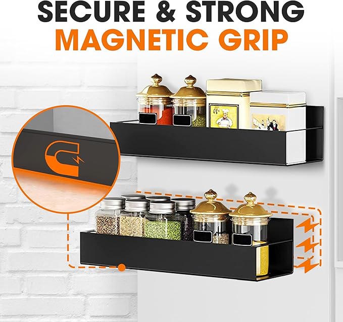 Cheer Collection Magnetic Spice Rack for Refrigerator – Set of 2 Heavy Duty Magnetic Shelf for Fridge, Magnetic Organizer for Kitchen Storage, Magnetic Shelves for Side of Refrigerator
