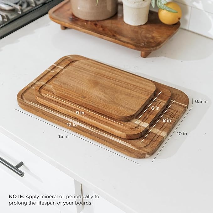 KitchenEdge Premium Acacia Wood Cutting Board Set of 3, Juice Groove and Non-Slip Feet, Thick Wood Trays for cheese, vegetables, meat, fruit, Heavy Duty Construction, Pre Oiled (9x6, 12x8, 15x10 inch)